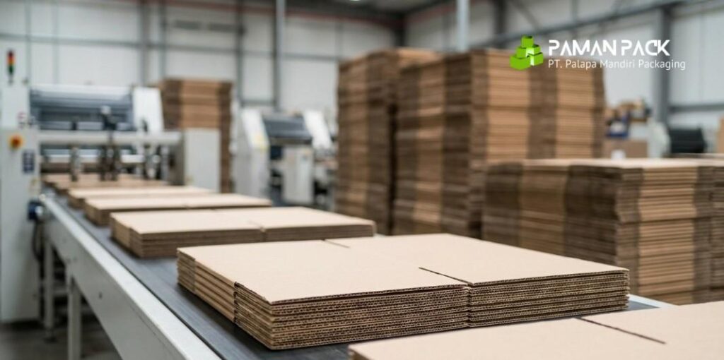 kardus die cut yang sedang diproduksi