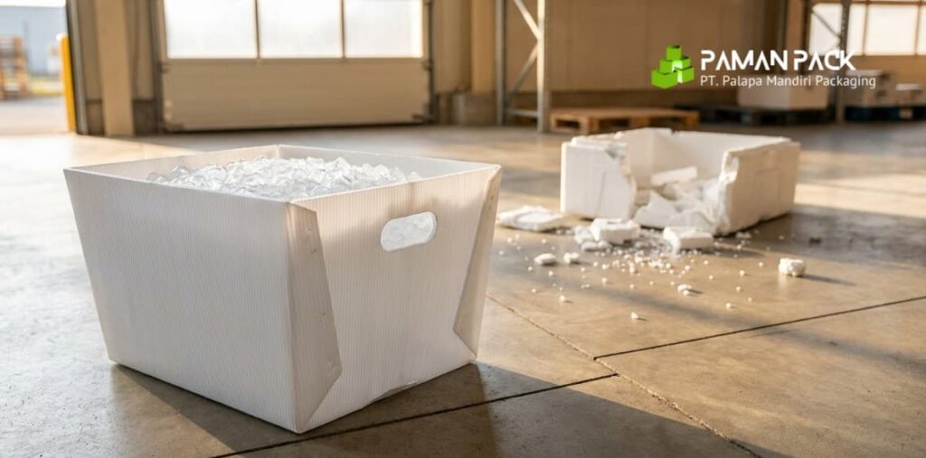 Perbandingan box ikan plastik PP corrugated dengan styrofoam yang hancur