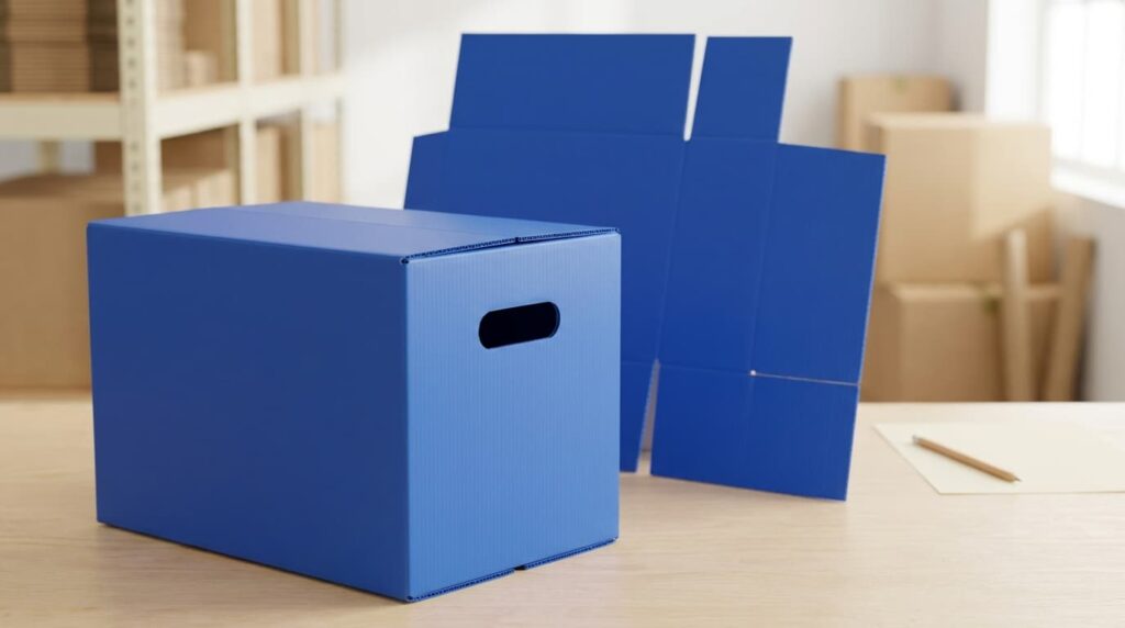 Box PP corrugated biru dan lembar pola custom di meja kerja untuk konsultasi ukuran