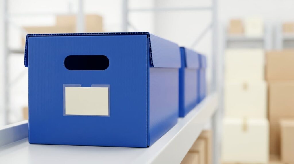 Box PP corrugated biru di rak kanban gudang dengan deretan box sejenis di belakangnya
