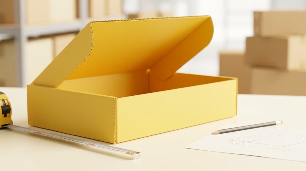 Box PP corrugated custom dengan meteran dan sketsa ukuran untuk konsultasi pemesanan