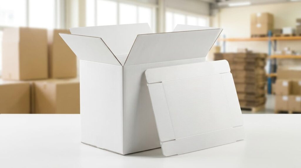 Box PP corrugated custom putih dengan lembar pola potong di sampingnya untuk pesanan ukuran khusus