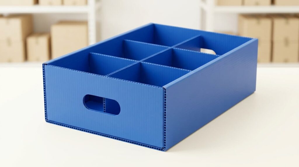Box PP corrugated dengan sekat, lubang handle, dan penguat sudut terlihat dari sudut atas