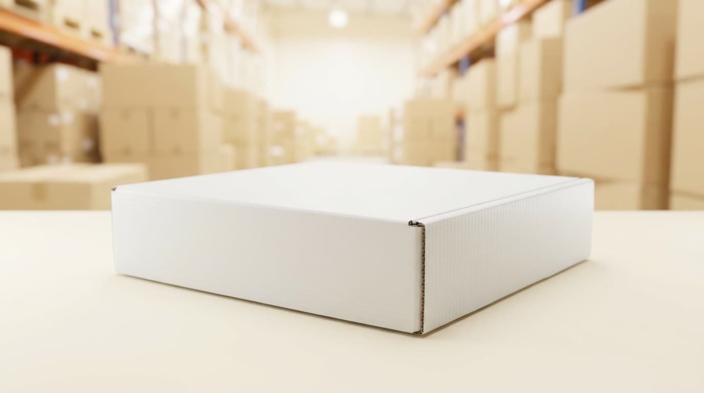Box PP corrugated putih dengan tutup terlipat di latar gudang kardus yang blur