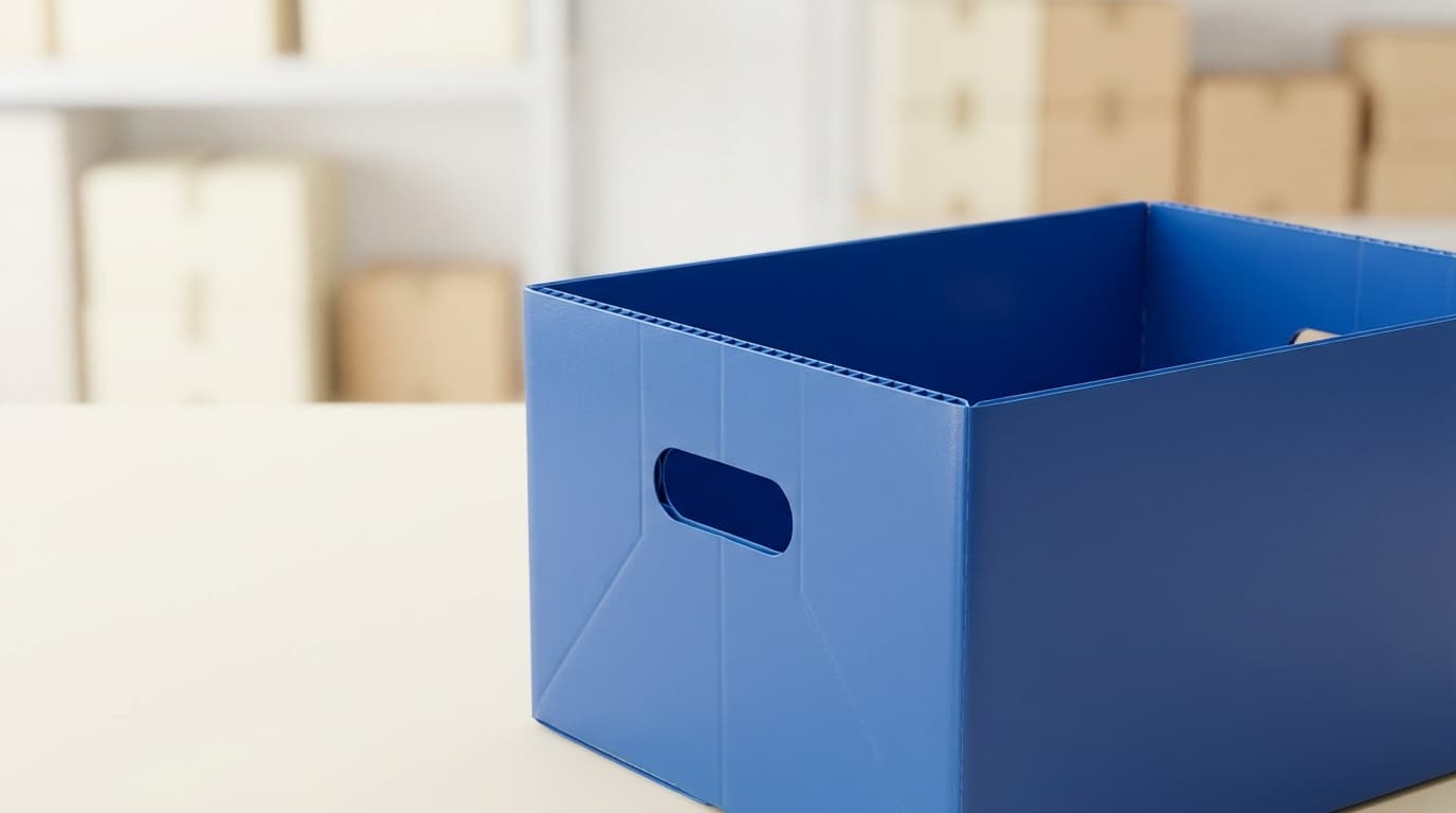 Box container industri PP corrugated biru dengan lubang handle dan tepi berongga di gudang kardus