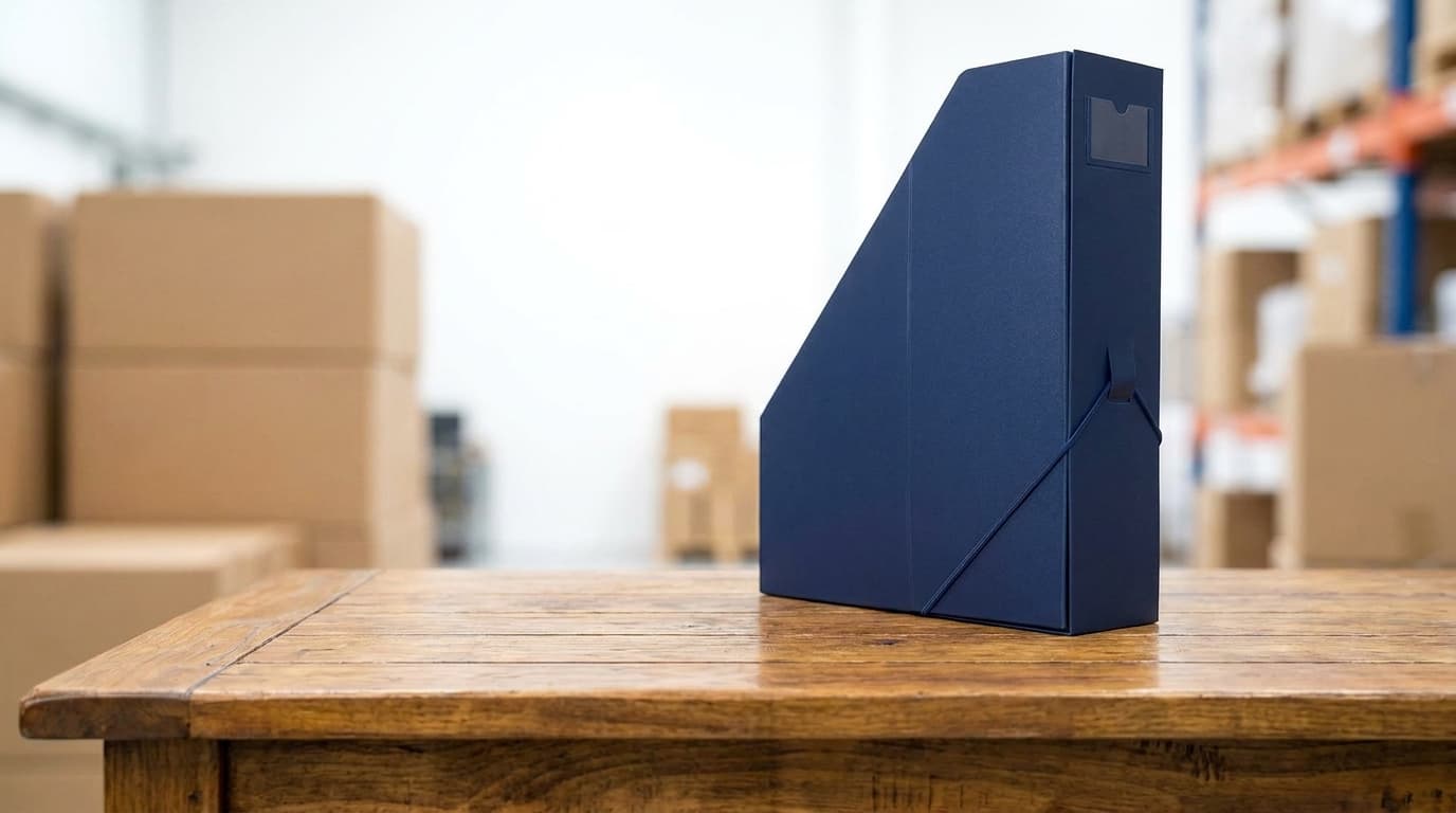Box file plastik navy biru untuk arsip aktif kantor tampak close-up