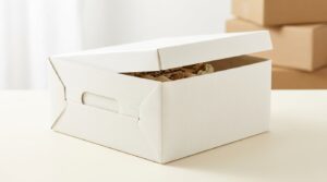 Box kue plastik PP corrugated warna krem berisi kue di dalamnya