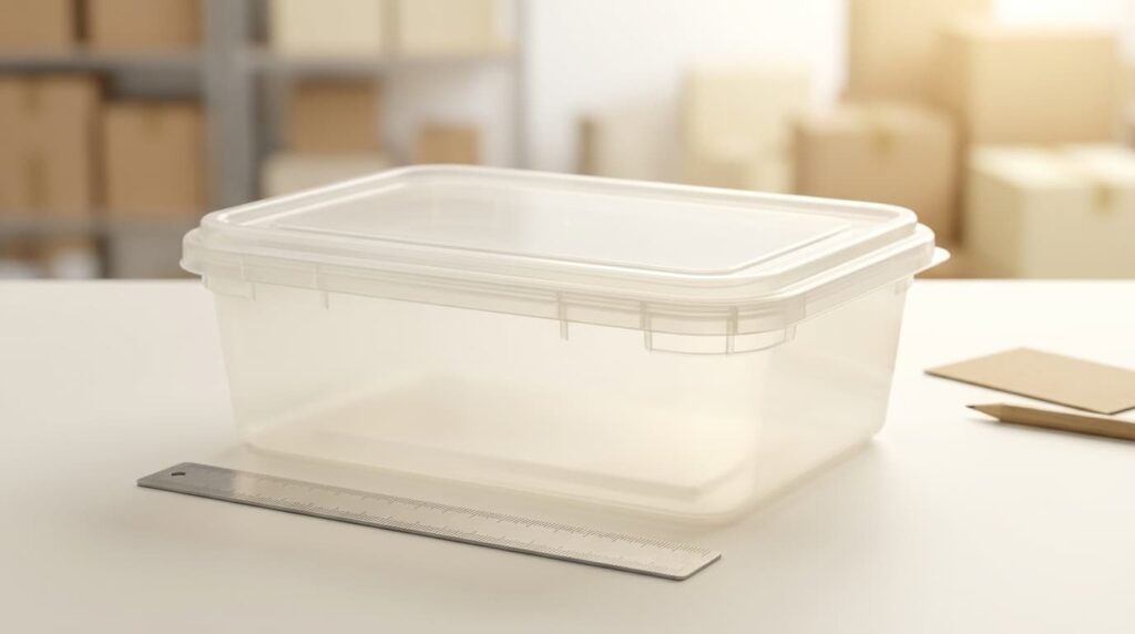 Box makanan plastik PP diukur dengan penggaris untuk konsultasi ukuran kemasan