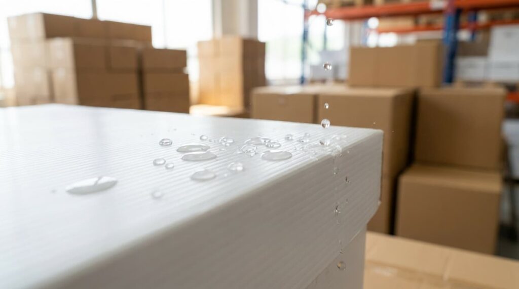 Box plastik PP corrugated tahan air dengan tetesan air di permukaan plastiknya
