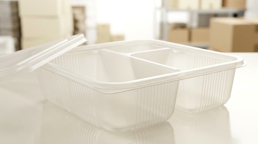 Detail sekat dan rusuk dinding box makanan plastik PP tiga sekat tanpa tutup