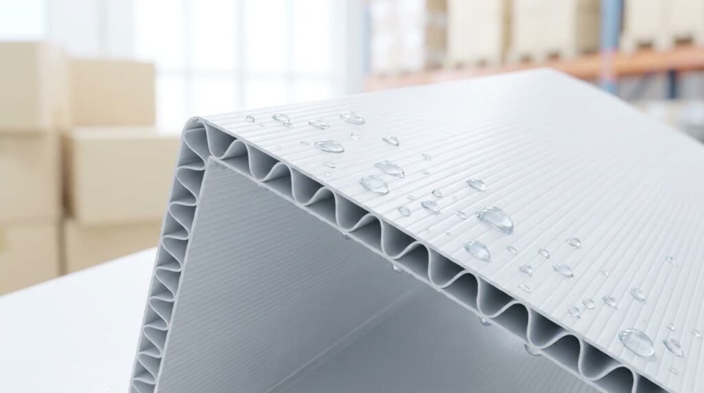 Penampang flute box lipat PP corrugated tahan air, tetesan air di permukaan