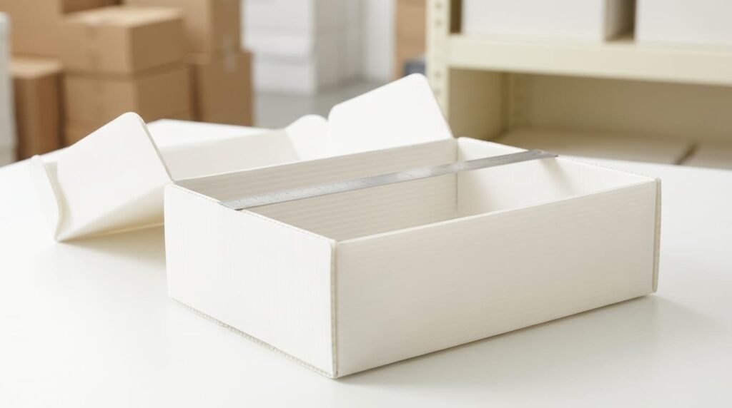 Pita ukur di sisi box plastik PP corrugated untuk menentukan ukuran dimensi dalam