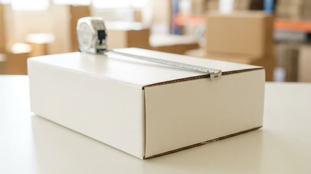 Pita ukur diletakkan di tepi box PP corrugated putih untuk mengukur dimensi pesanan box custom