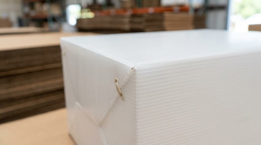 Sambungan rivet dan garis lipatan pada box lipat PP corrugated terlihat detail