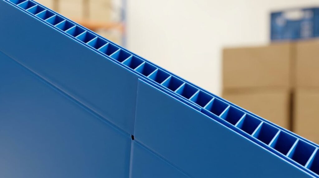 Sisi potong box PP corrugated biru memperlihatkan rongga lembaran polypropylene berlapis