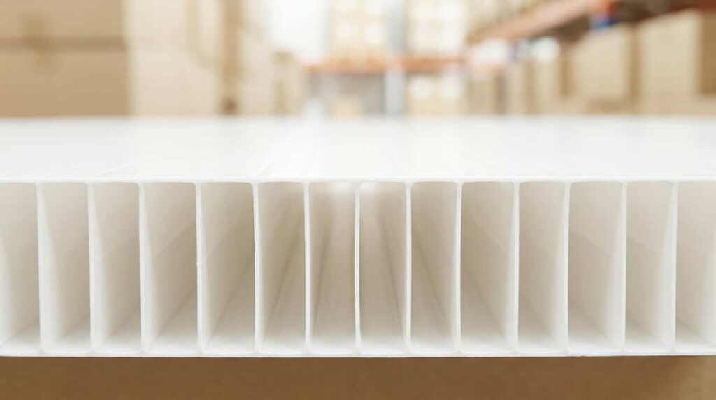 Tampak dekat tepi PP board memperlihatkan rusuk sejajar struktur twin-wall polypropylene