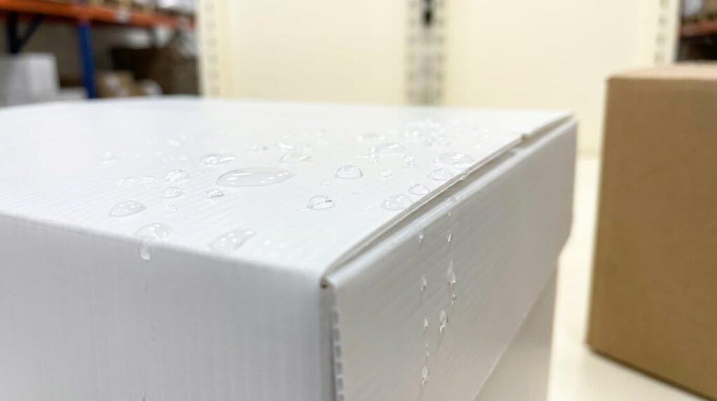 Tetesan air menempel di permukaan box PP corrugated yang tahan air