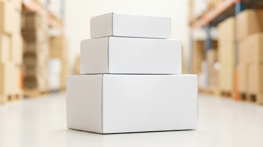 Tiga box container plastik PP corrugated putih berbagai kapasitas ditumpuk rapi untuk kebutuhan gudang