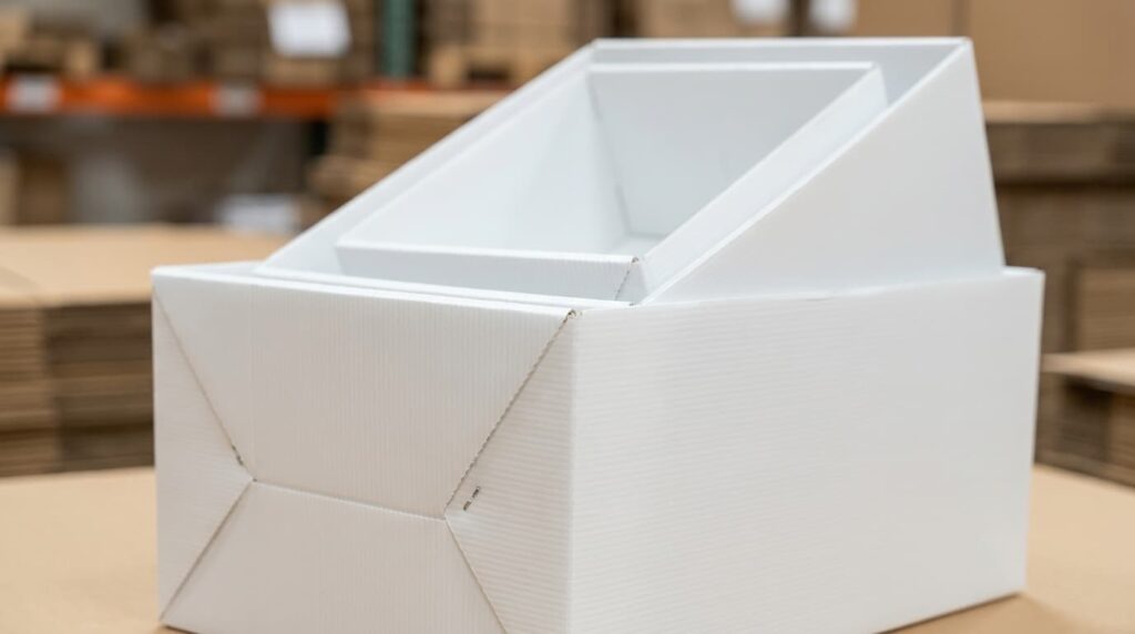 Tiga ukuran box lipat PP corrugated ditumpuk, sambungan rivet terlihat jelas