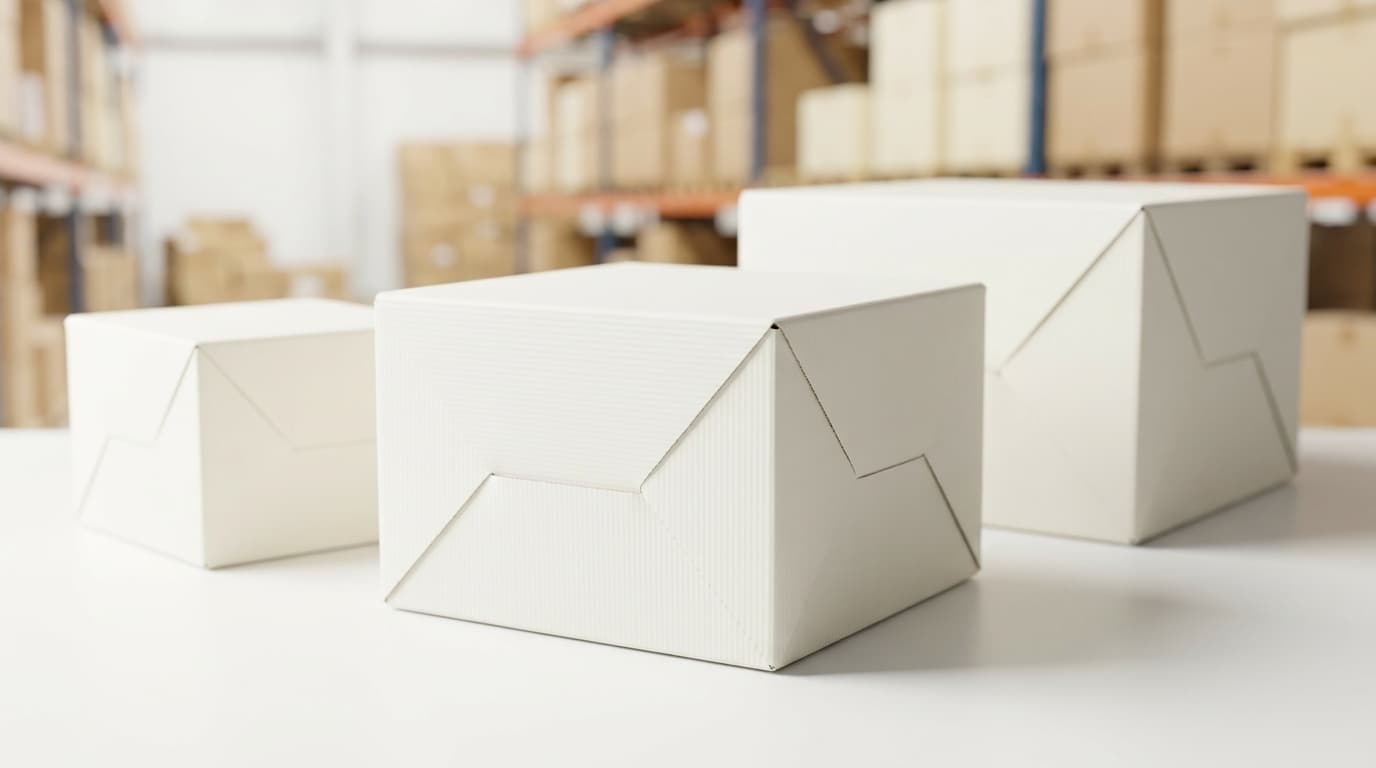 Tiga ukuran box plastik PP corrugated putih, kecil sampai besar, berjajar rapi