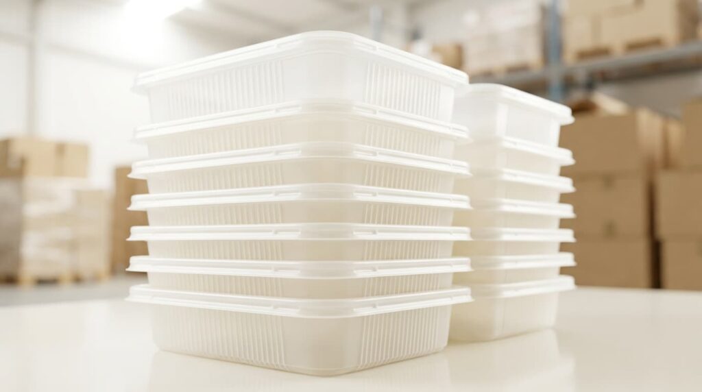 Tumpukan box makanan plastik thinwall PP rapi menggambarkan isi per pack dan harga